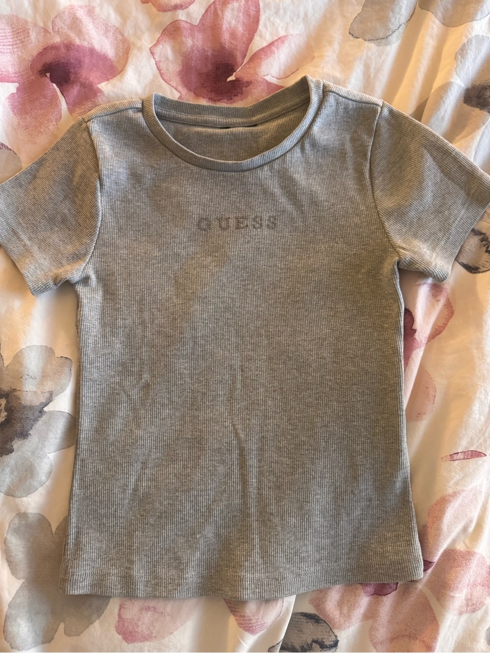 Guess Grey Ribbed Short Sleeve Tee with Subtle Logo